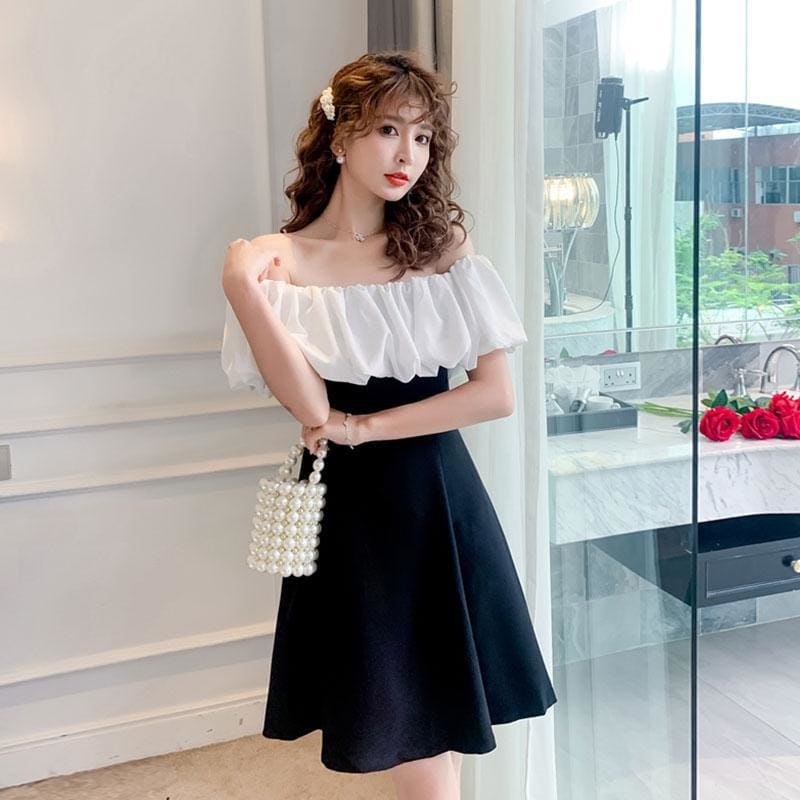 Party Strapless Ruffle Puff Sleeve Mini Dress