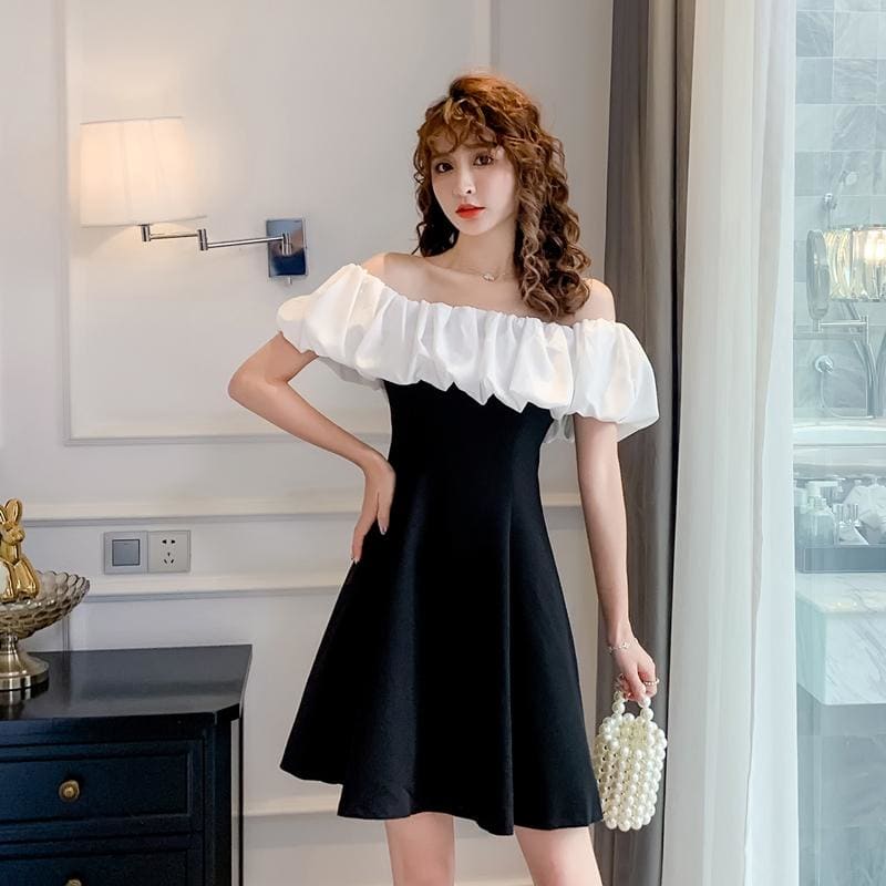 Party Strapless Ruffle Puff Sleeve Mini Dress