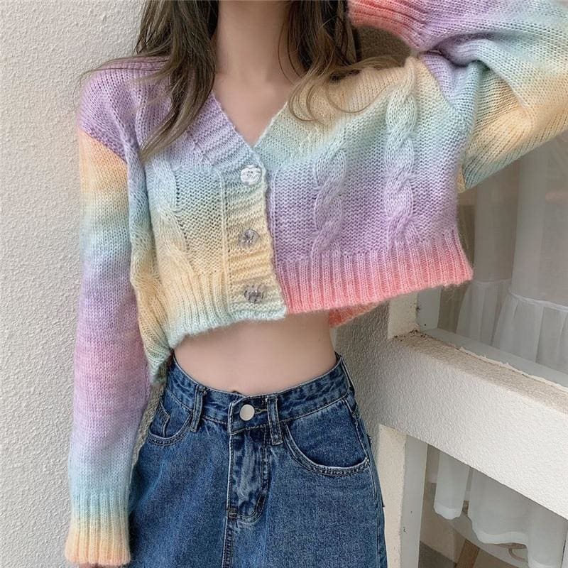 Pastel Kawaii Aesthetic Cropped Rainbow Cardigan Sweater - 