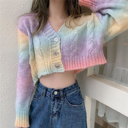 Pastel Kawaii Aesthetic Cropped Rainbow Cardigan Sweater - 