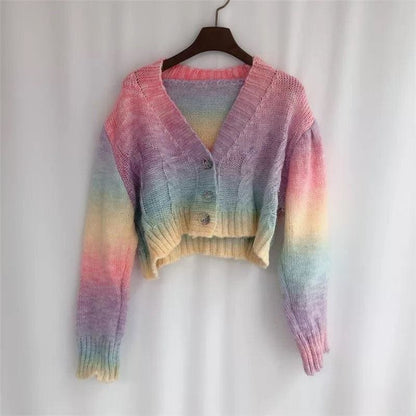 Pastel Kawaii Aesthetic Cropped Rainbow Cardigan Sweater - 