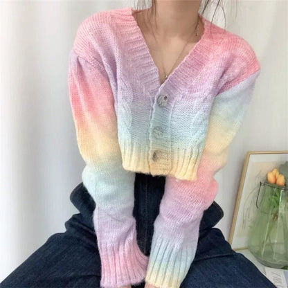 Pastel Kawaii Aesthetic Cropped Rainbow Cardigan Sweater - 