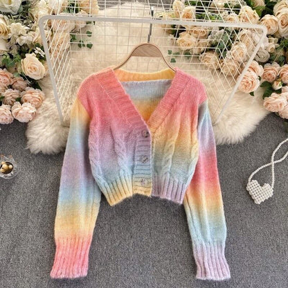 Pastel Kawaii Aesthetic Cropped Rainbow Cardigan Sweater - 