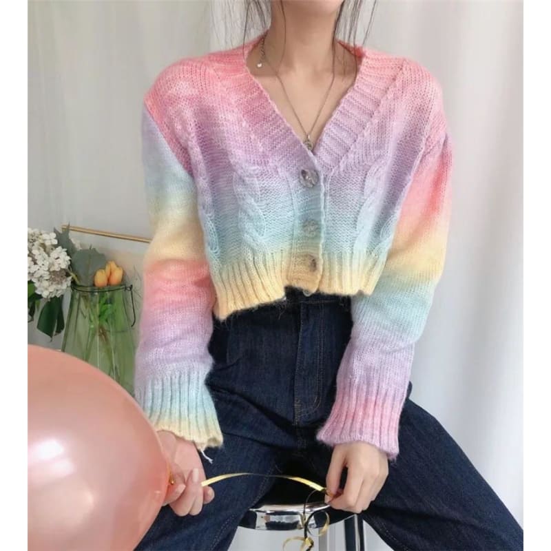 Pastel Kawaii Aesthetic Cropped Rainbow Cardigan Sweater - 