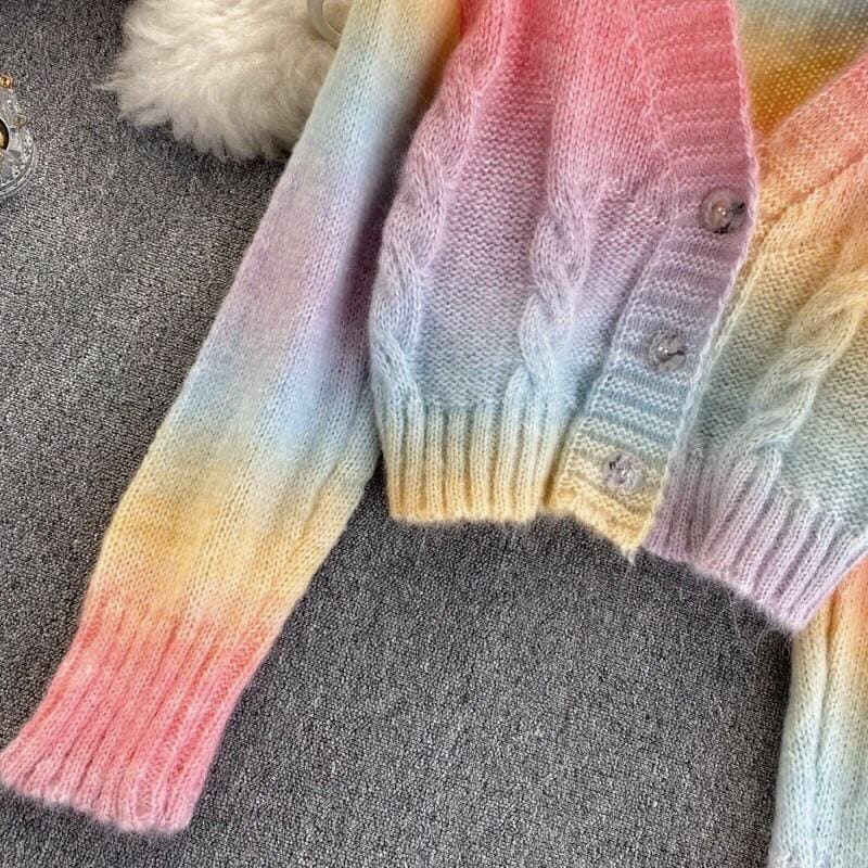 Pastel Kawaii Aesthetic Cropped Rainbow Cardigan Sweater - 