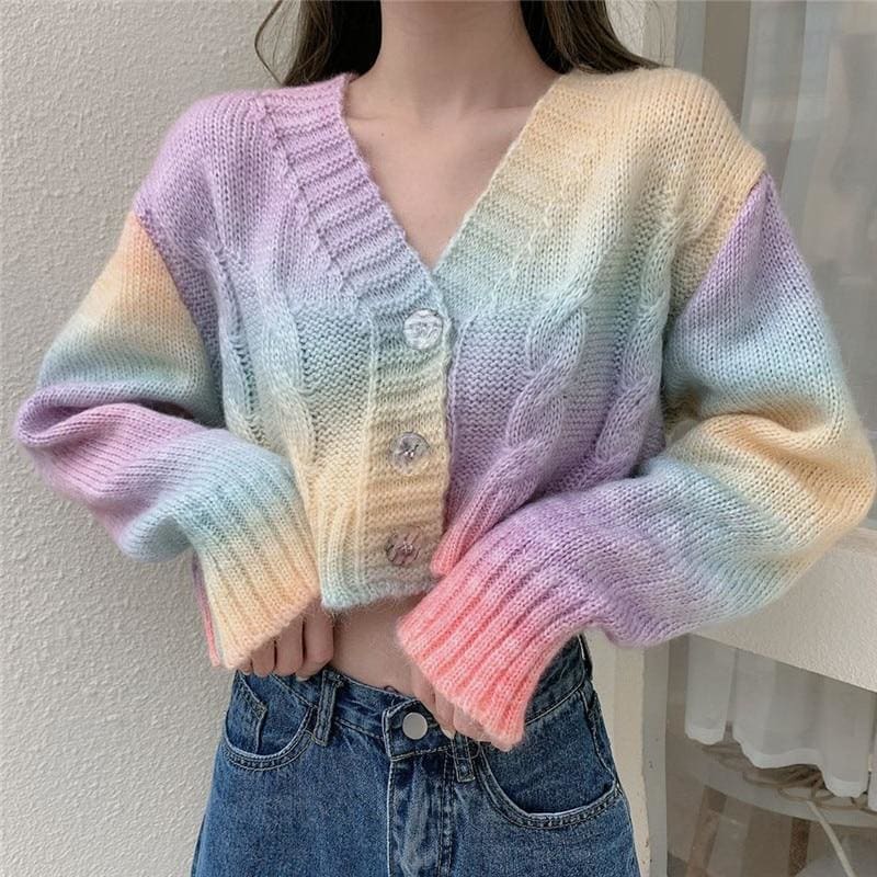 Pastel Kawaii Aesthetic Cropped Rainbow Cardigan Sweater - 