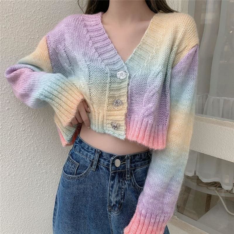 Pastel Kawaii Aesthetic Cropped Rainbow Cardigan Sweater - 