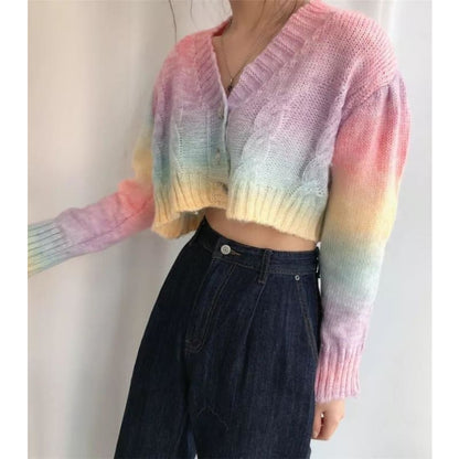 Pastel Kawaii Aesthetic Cropped Rainbow Cardigan Sweater - 