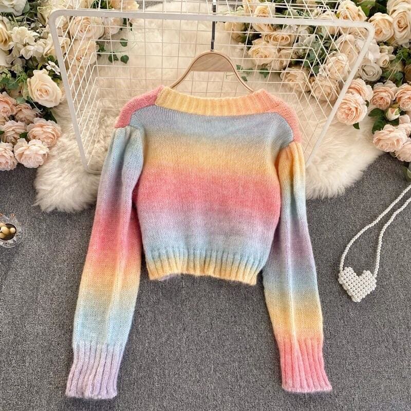 Pastel Kawaii Aesthetic Cropped Rainbow Cardigan Sweater - 