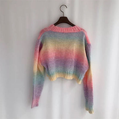 Pastel Kawaii Aesthetic Cropped Rainbow Cardigan Sweater - 