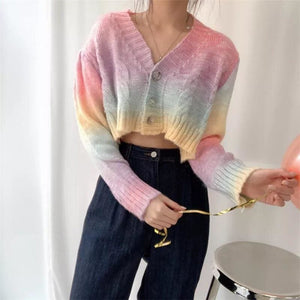 Pastel Kawaii Aesthetic Cropped Rainbow Cardigan Sweater - 