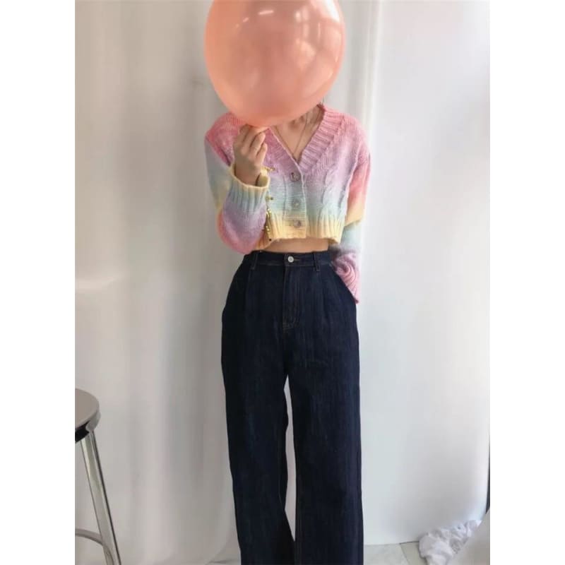 Pastel Kawaii Aesthetic Cropped Rainbow Cardigan Sweater - 