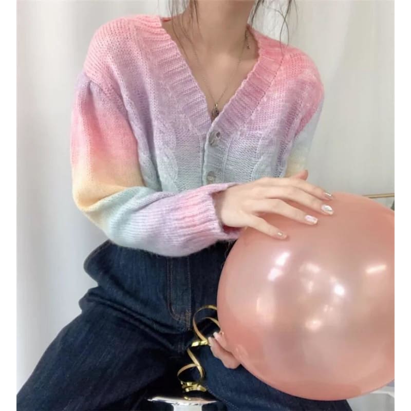 Pastel Kawaii Aesthetic Cropped Rainbow Cardigan Sweater - 