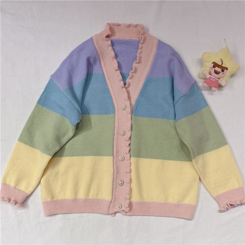 Pastel Kawaii Aesthetic Rainbow Cardigan Sweater - One Size 