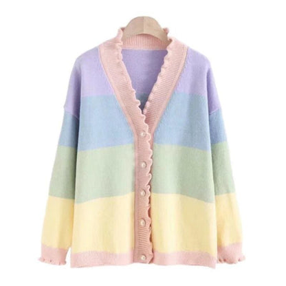 Pastel Kawaii Aesthetic Rainbow Cardigan Sweater - One Size 