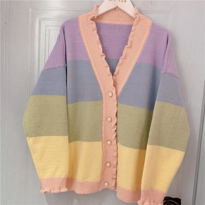 Pastel Kawaii Aesthetic Rainbow Cardigan Sweater - One Size 