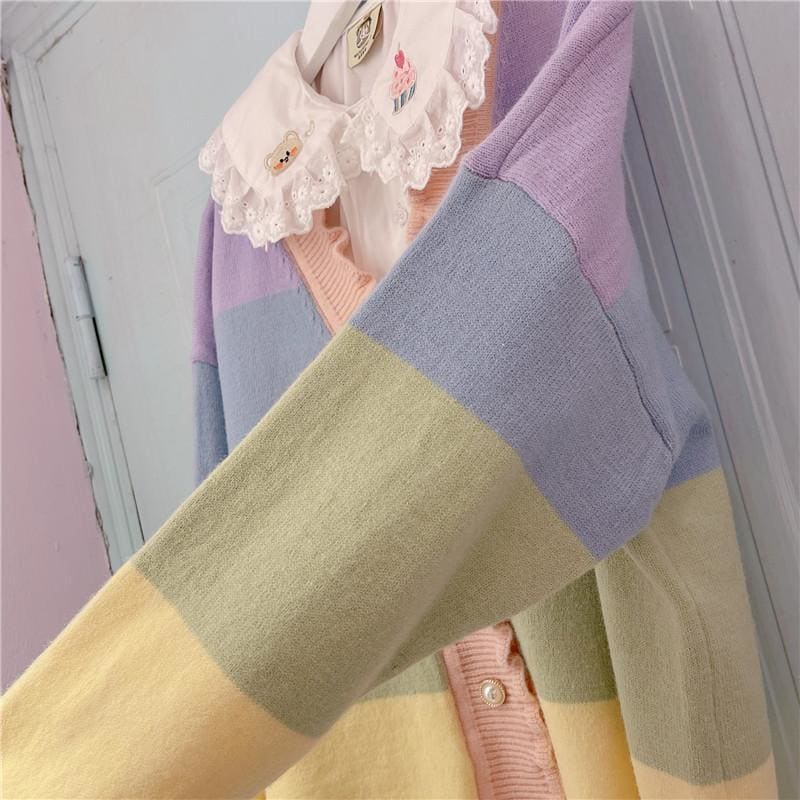 Pastel Kawaii Aesthetic Rainbow Cardigan Sweater - One Size 