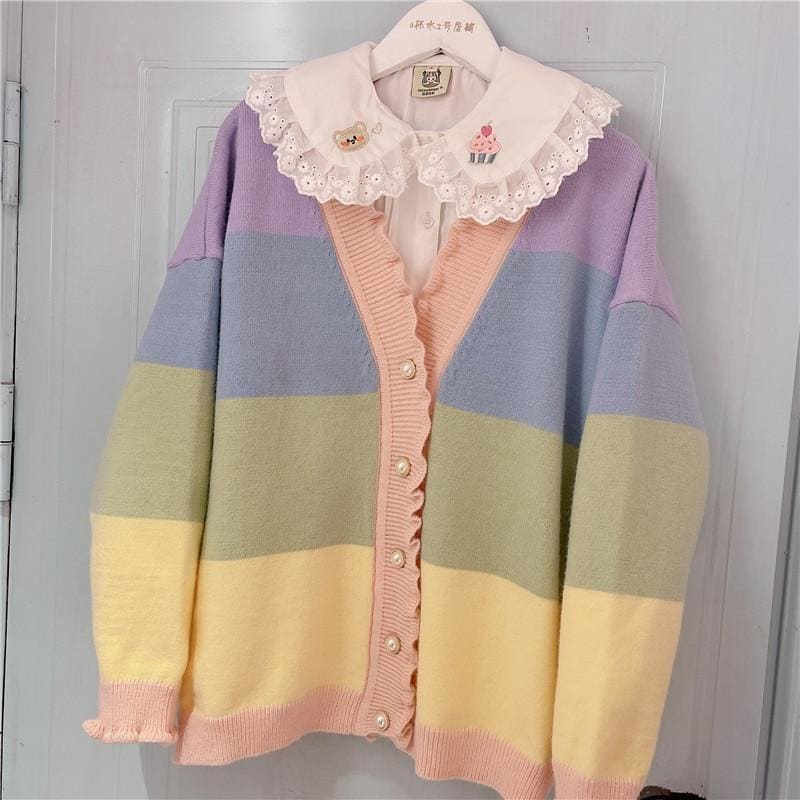 Pastel Kawaii Aesthetic Rainbow Cardigan Sweater - One Size 