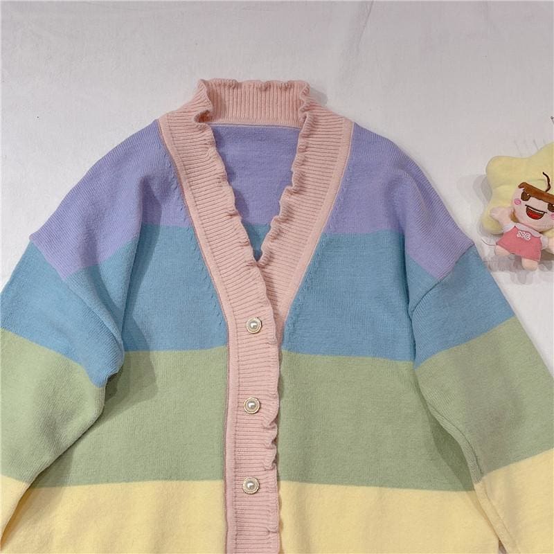 Pastel Kawaii Aesthetic Rainbow Cardigan Sweater - One Size 