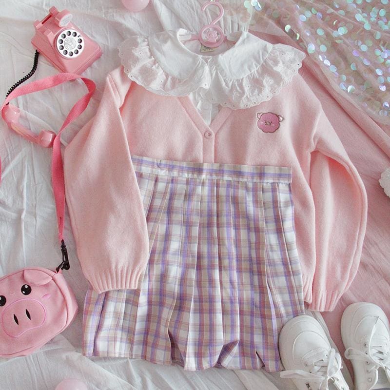 Pastel Kawaii Aesthetic Warm Knitted Cardigan - Pink / One 