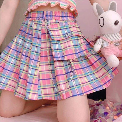 Pastel Kawaii Plaid Pleated High Waist Mini Skirt