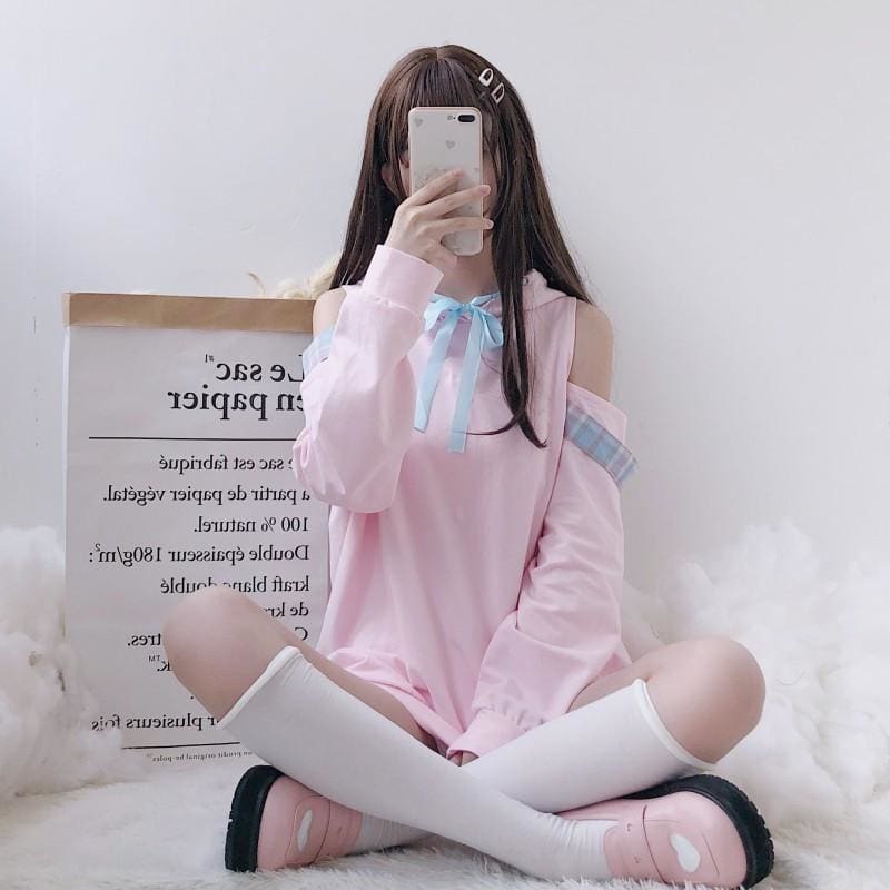 Pastel Pink Off-Shoulder Kawaii Hoodie Sweatshirt - One Size