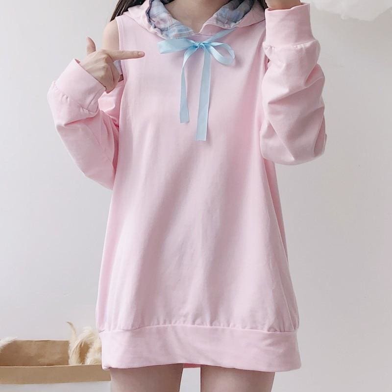 Pastel Pink Off-Shoulder Kawaii Hoodie Sweatshirt - One Size