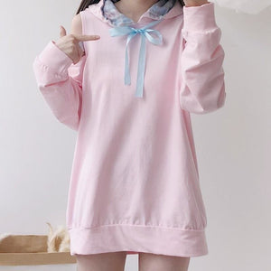 Pastel Pink Off-Shoulder Kawaii Hoodie Sweatshirt - One Size