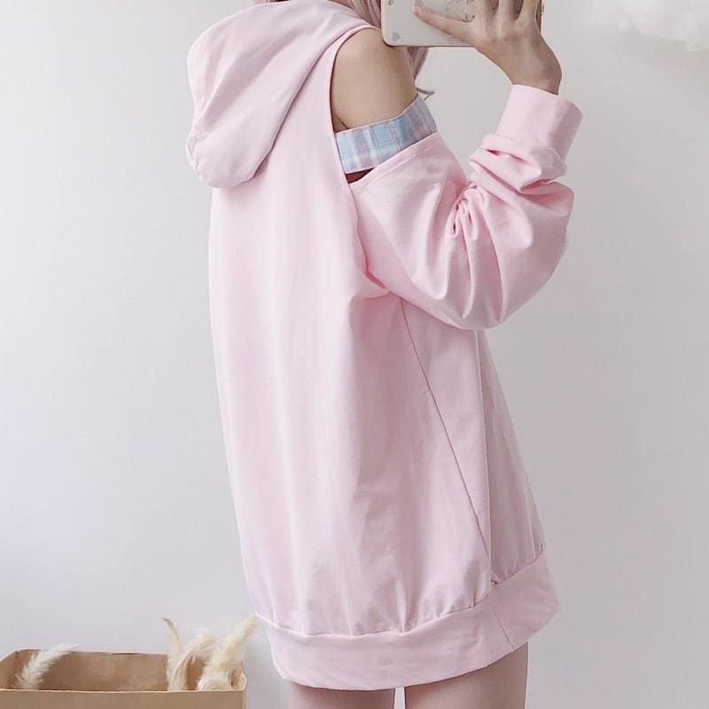 Pastel Pink Off-Shoulder Kawaii Hoodie Sweatshirt - One Size