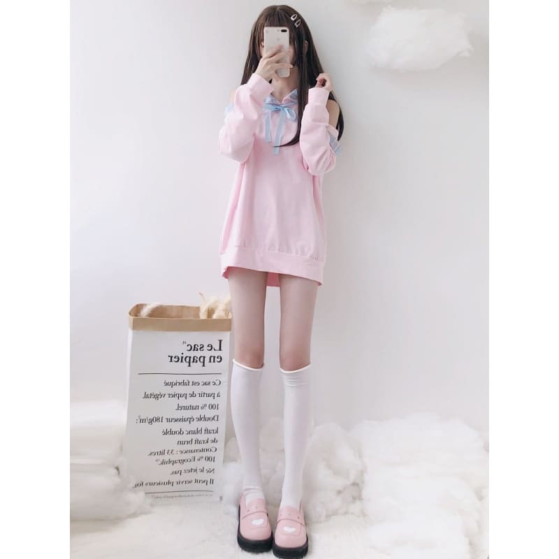 Pastel Pink Off-Shoulder Kawaii Hoodie Sweatshirt - One Size