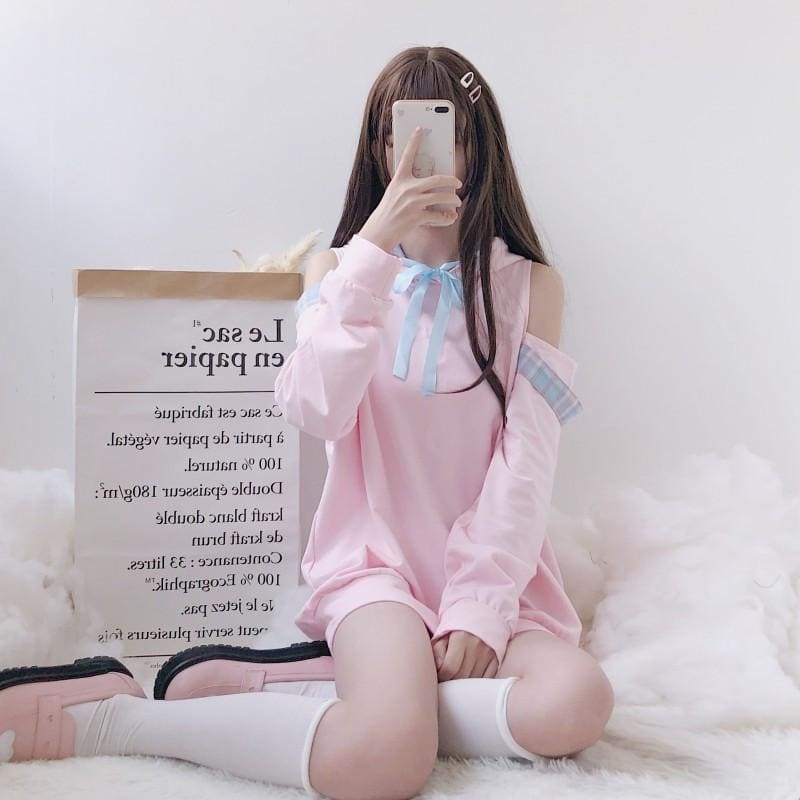 Pastel Pink Off-Shoulder Kawaii Hoodie Sweatshirt - One Size