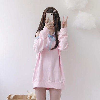 Pastel Pink Off-Shoulder Kawaii Hoodie Sweatshirt - One Size