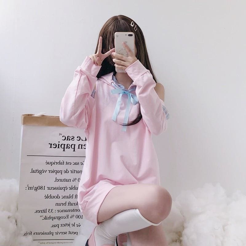 Pastel Pink Off-Shoulder Kawaii Hoodie Sweatshirt - One Size