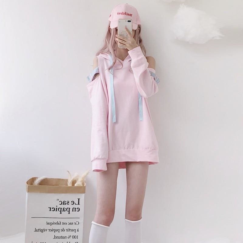 Pastel Pink Off-Shoulder Kawaii Hoodie Sweatshirt - One Size