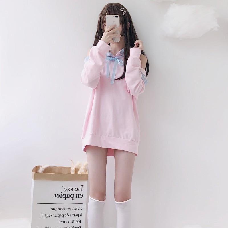 Pastel Pink Off-Shoulder Kawaii Hoodie Sweatshirt - One Size