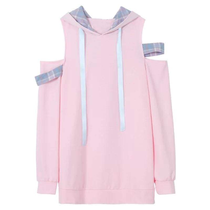 Pastel Pink Off-Shoulder Kawaii Hoodie Sweatshirt - One Size