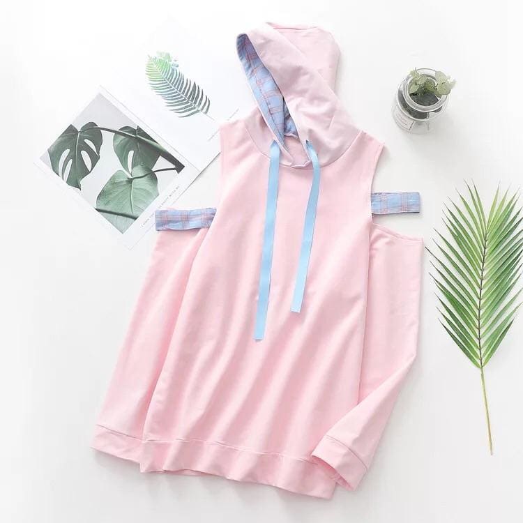 Pastel Pink Off-Shoulder Kawaii Hoodie Sweatshirt - One Size