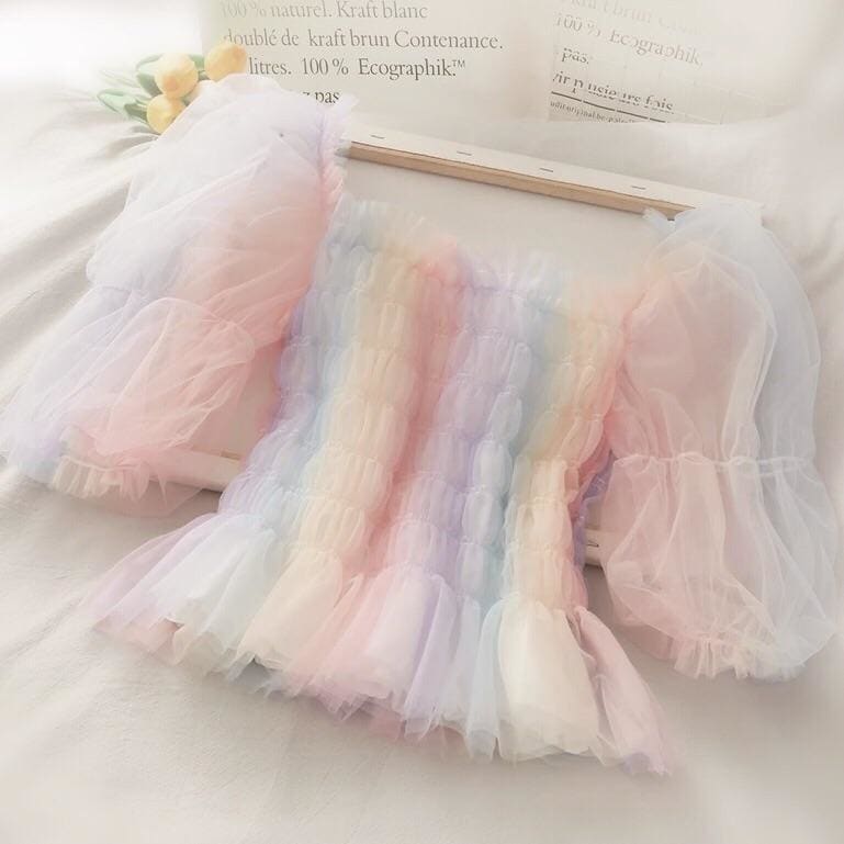 Pastel Rainbow Kawaii Princess Tulle Blouse - One Size