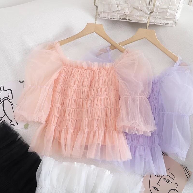 Pastel Rainbow Kawaii Princess Tulle Blouse - One Size