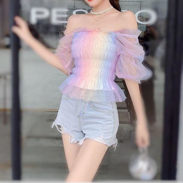 Pastel Rainbow Kawaii Princess Tulle Blouse - One Size