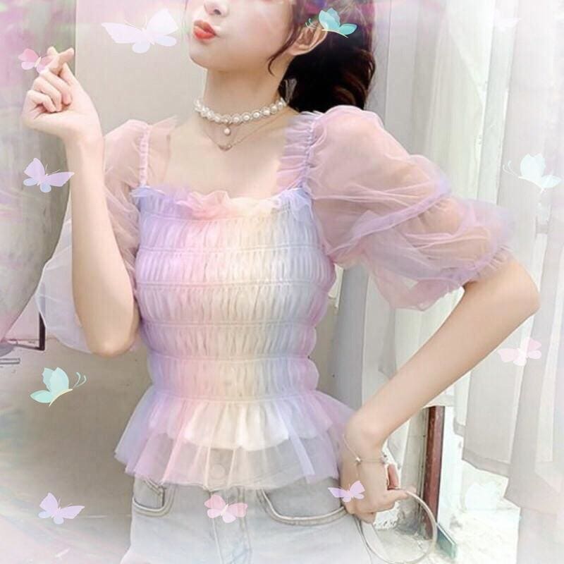 Pastel Rainbow Kawaii Princess Tulle Blouse - One Size