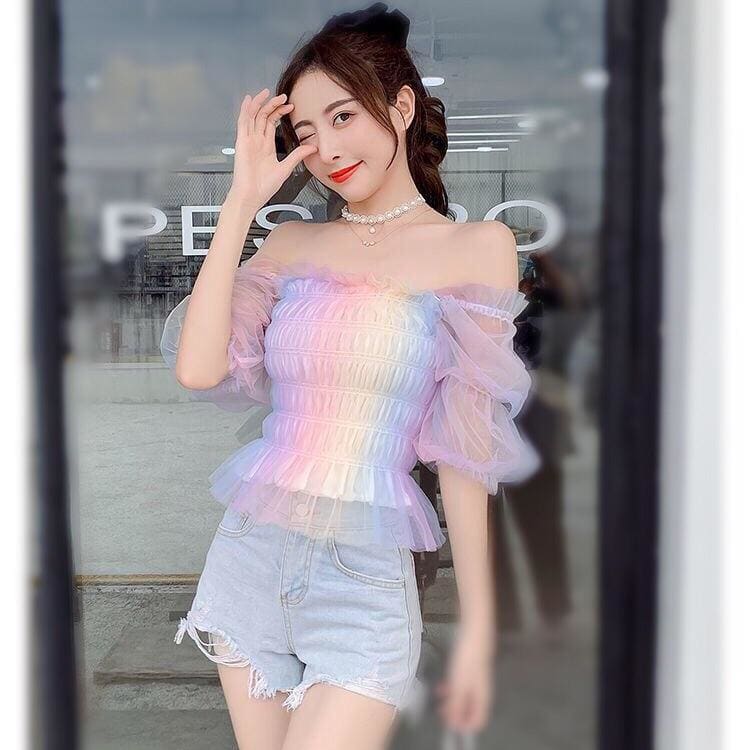 Pastel Rainbow Kawaii Princess Tulle Blouse - One Size