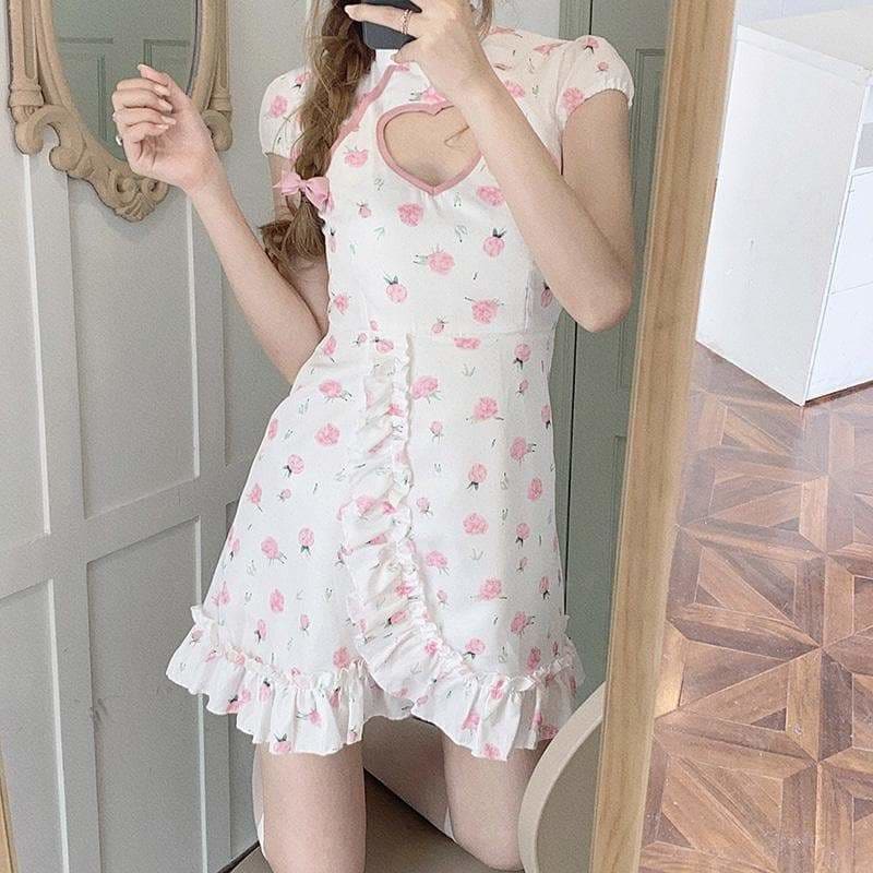 Pastel Roses and Fruit Summer Pink White Qipao Hollow Heart 