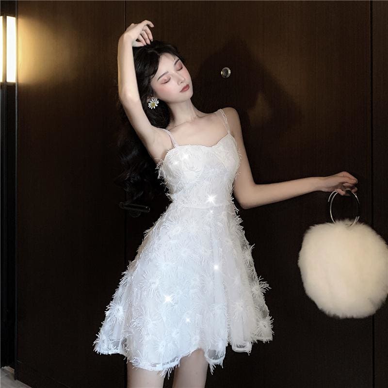 Pearl Strap Lace Puffy Mini Dress