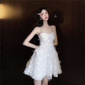 Pearl Strap Lace Puffy Mini Dress