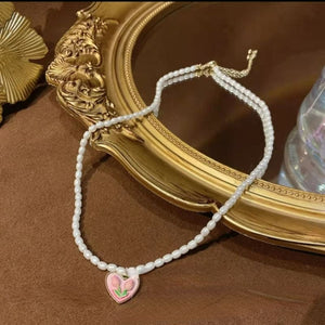 Pearl tulip heart temperament clavicle chain earrings -