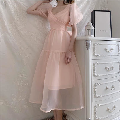 Pink Bandage Puff Sleeve Lace Chiffon Dress MM1836 - Dress