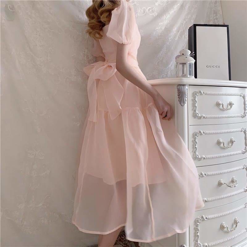 Pink Bandage Puff Sleeve Lace Chiffon Dress MM1836 - Dress
