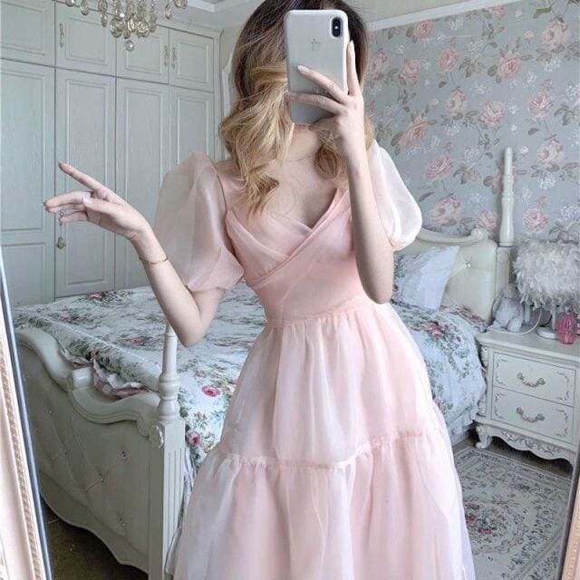 Pink Bandage Puff Sleeve Lace Chiffon Dress MM1836 - Dress