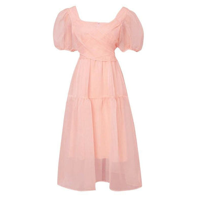 Pink Bandage Puff Sleeve Lace Chiffon Dress MM1836 - Dress